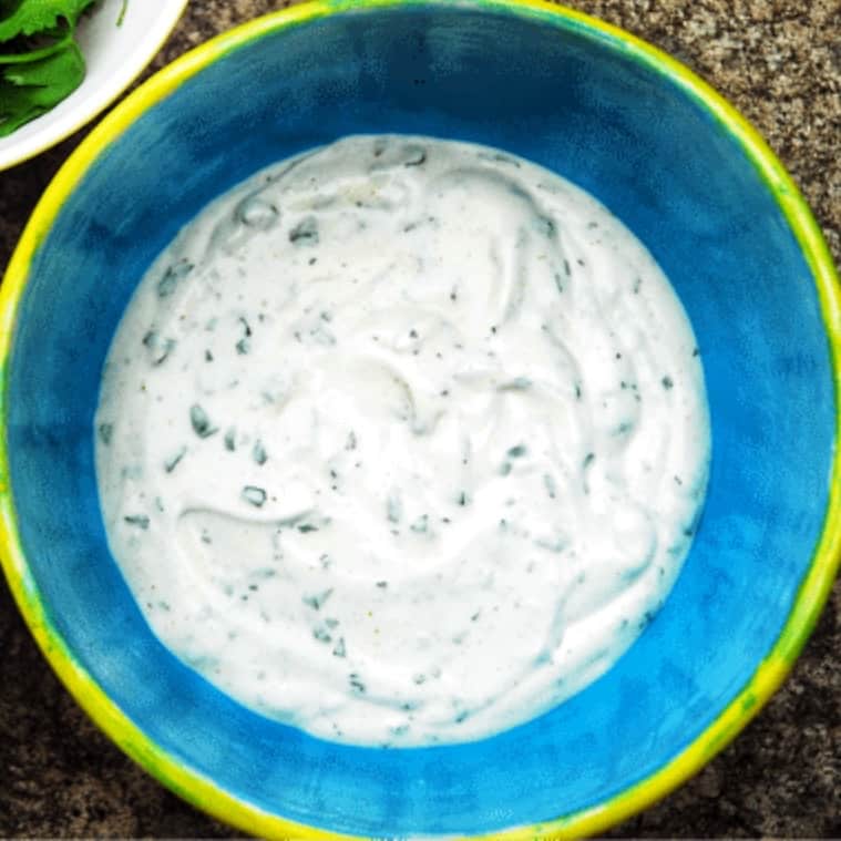 dipping sauce in a blue bowl