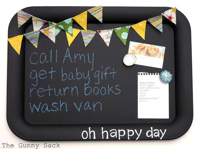 chalkboard memo board with bunting and notes