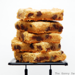 chocolate chip cookie bar slices in a stack