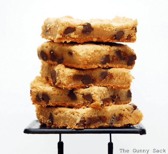 chocolate chip cookie bar slices in a stack