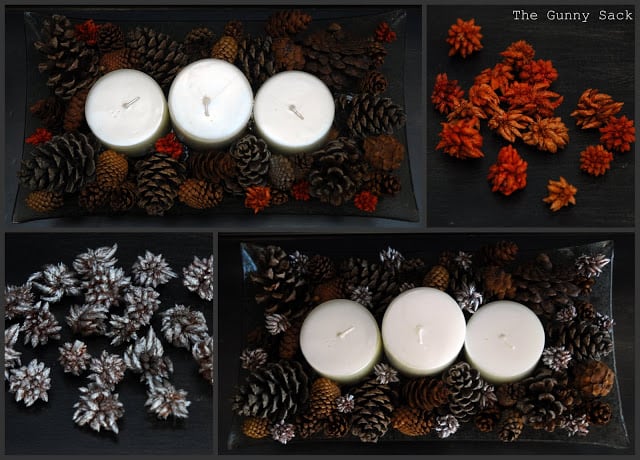 candle holders with pine cones