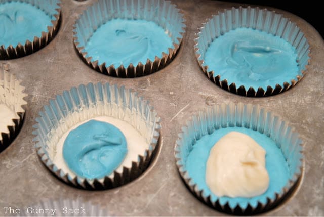 blue and white layered batter