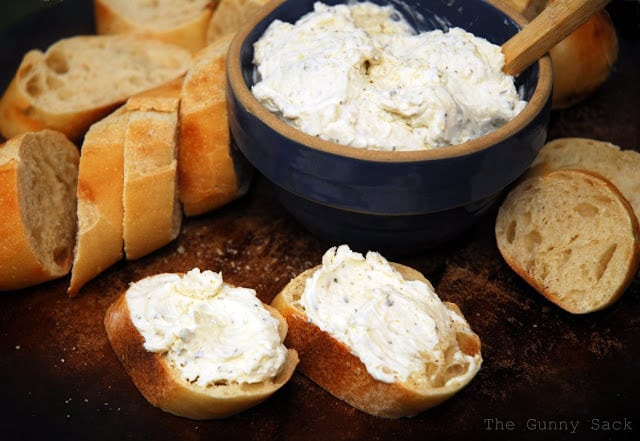 garlic cheese spread on bread