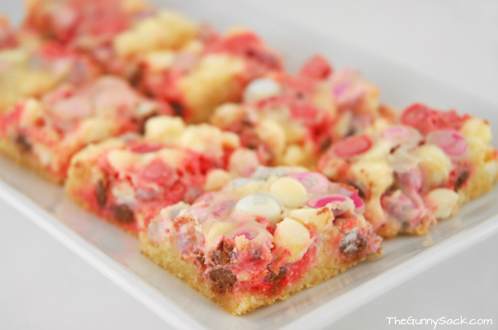 white chocolate M&M cookie bars on tray