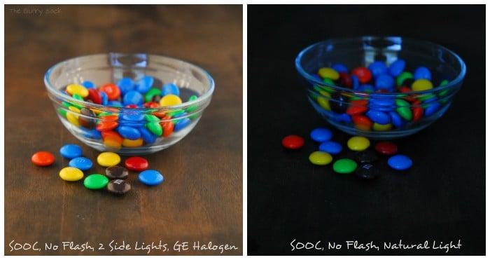 two bowls of M&M with different lighting