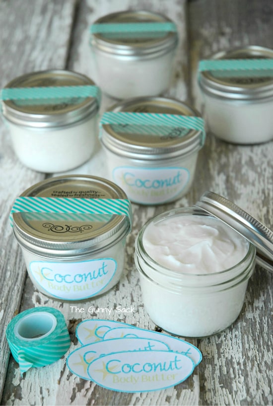 coconut whipped body butter in mason jars.