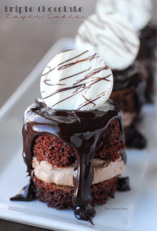 Triple Chocolate Layer Cakes on a white tray.
