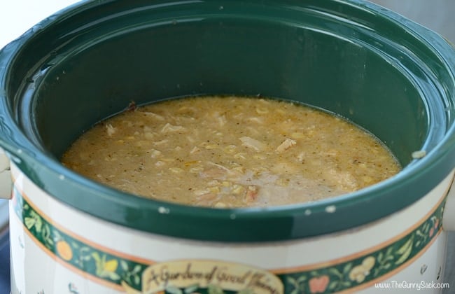 Slow Cooker White Chili with Chicken in a vintage crockpot
