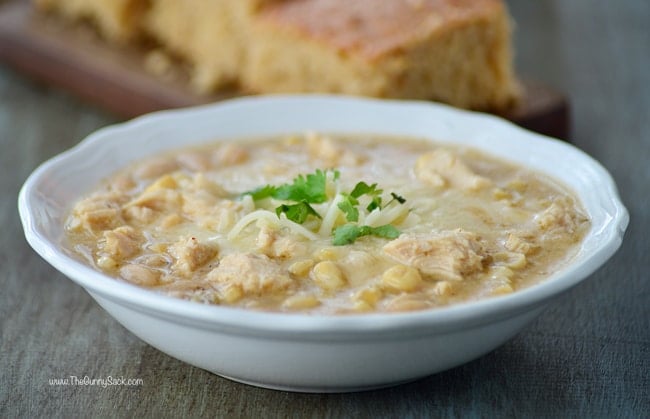 bowl of slow cooker white chili with chicken