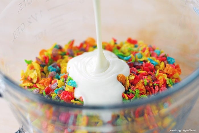 melted white chocolate poured on fruity pebbles