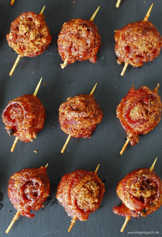 bacon wrapped meatballs on toothpicks