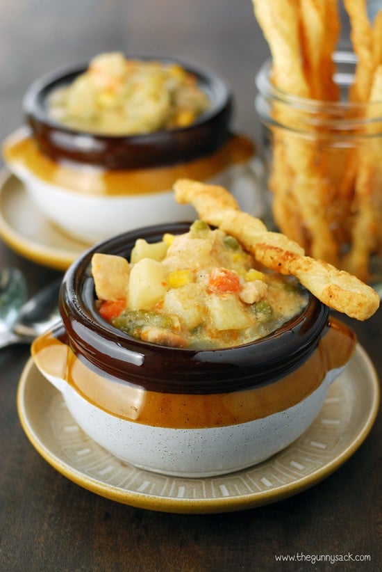 Slow Cooker Chicken Pot Pie Soup with Breadsticks