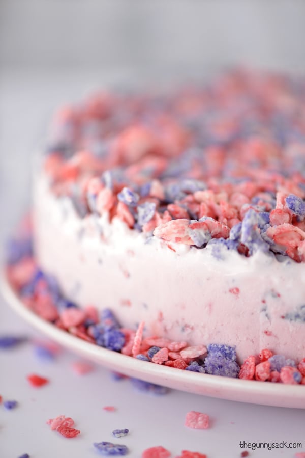 Fruity Pebble Crunch Ice Cream Cake in plate