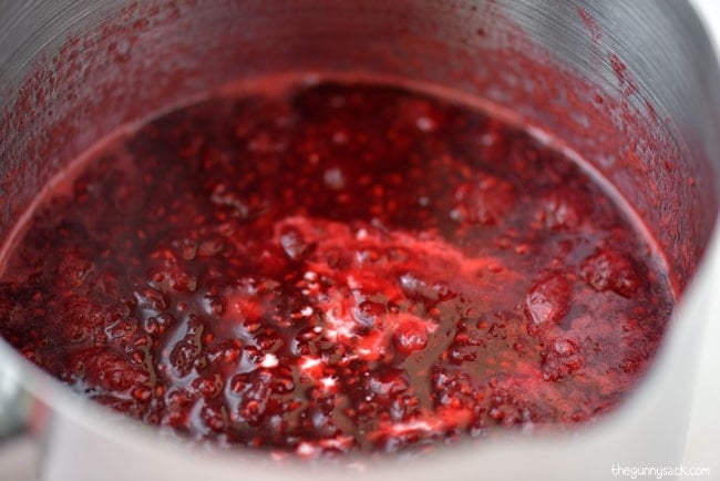 Homemade Raspberry Syrup being cooked in a sauce pan