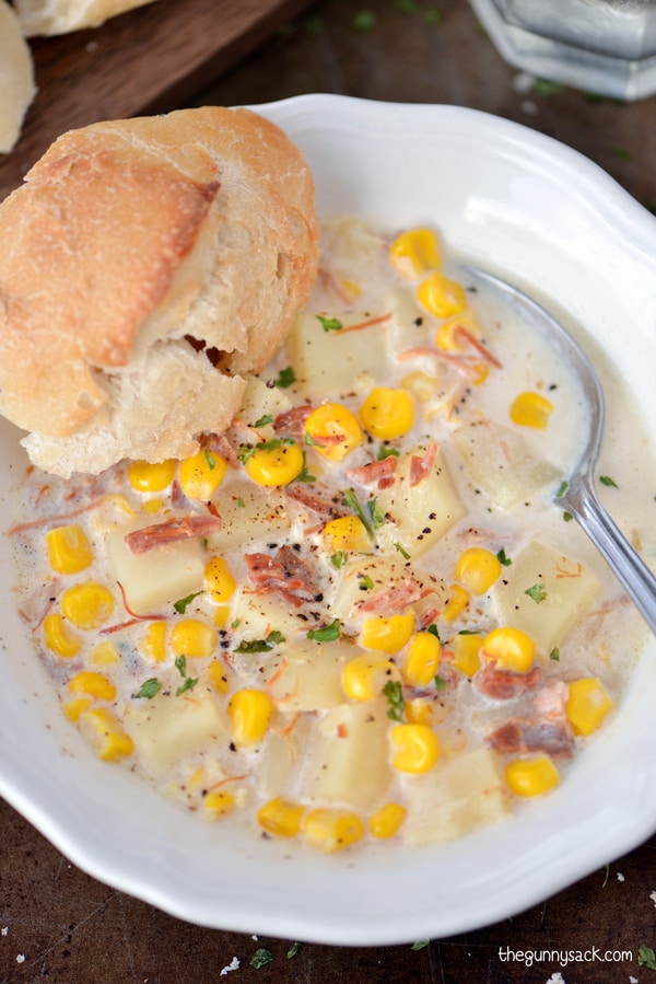 Slow Cooker Corn Chowder With Ham In Bowl