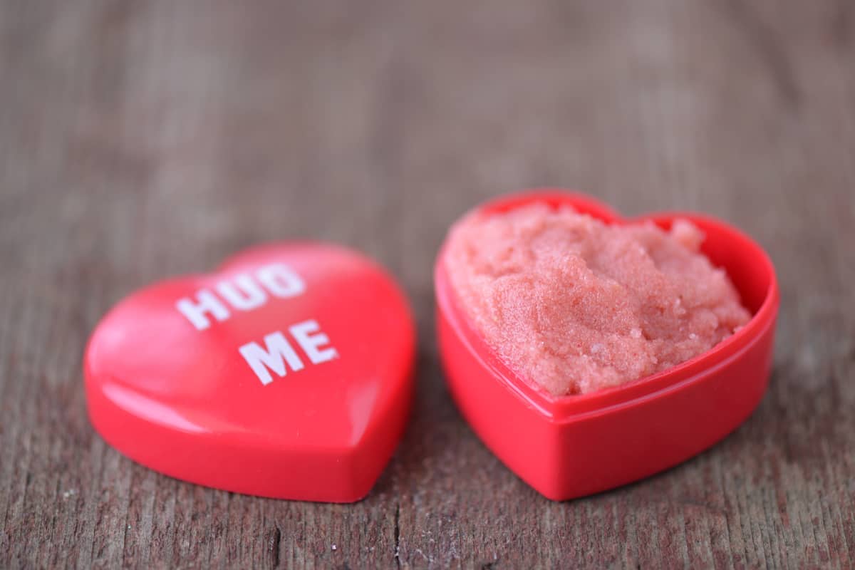 Sugar scrub in a heart shaped container.