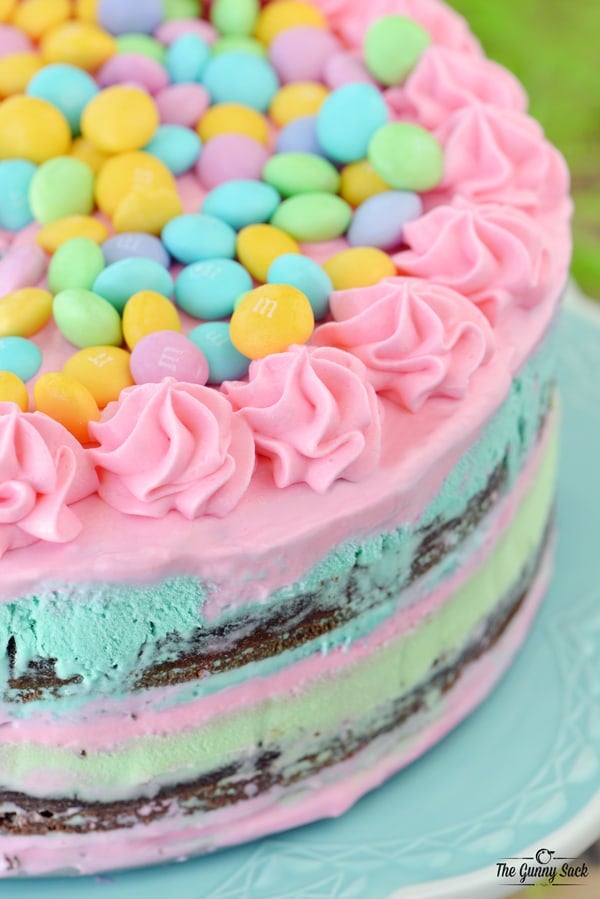 Top view of ice cream cake with m&ms