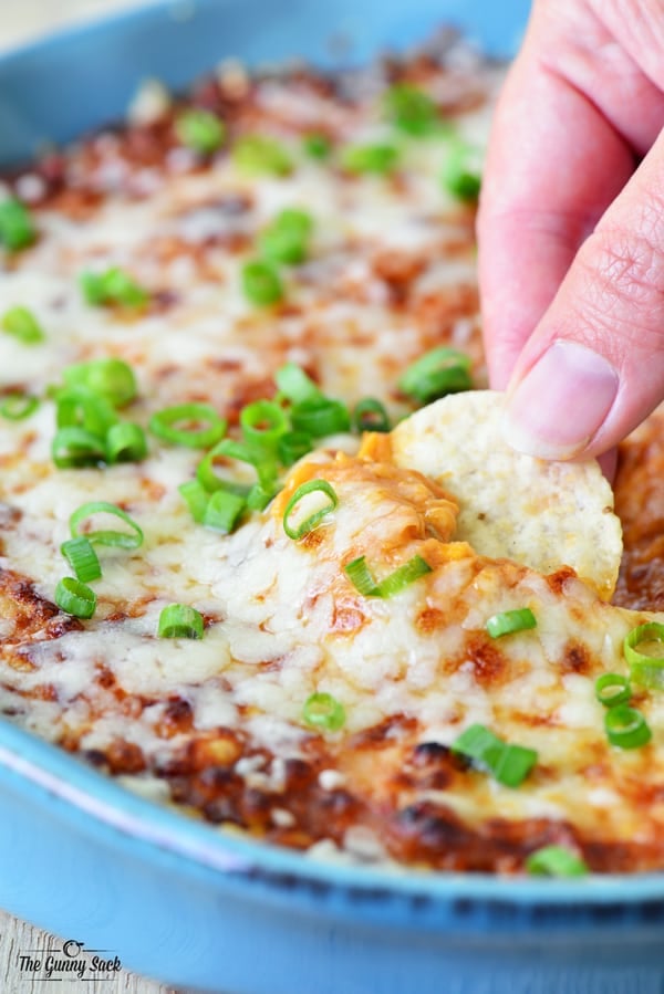 Cheesy Barbecue Dip scoop with chip