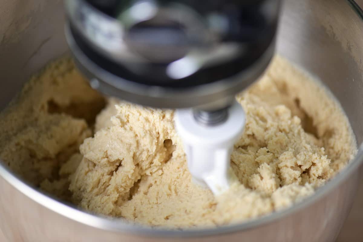Mixing sugar cookie bars batter with a stand mixer.
