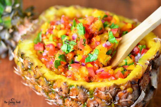 Pineapple Salsa Bowl with wooden spoon