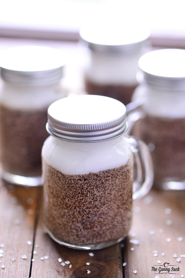 Root Beer Float Sugar Scrub in mini mason jar mugs