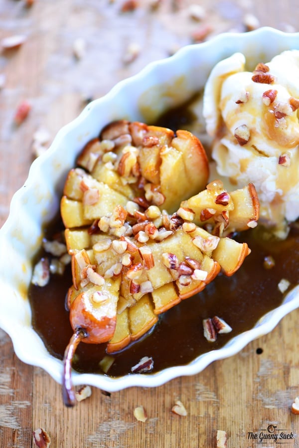 Bloomin' Baked Pears Recipe With Pecans and Butterscotch Sauce