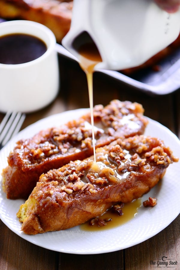 Pouring Caramel on Pumpkin Pecan Baked French Toast