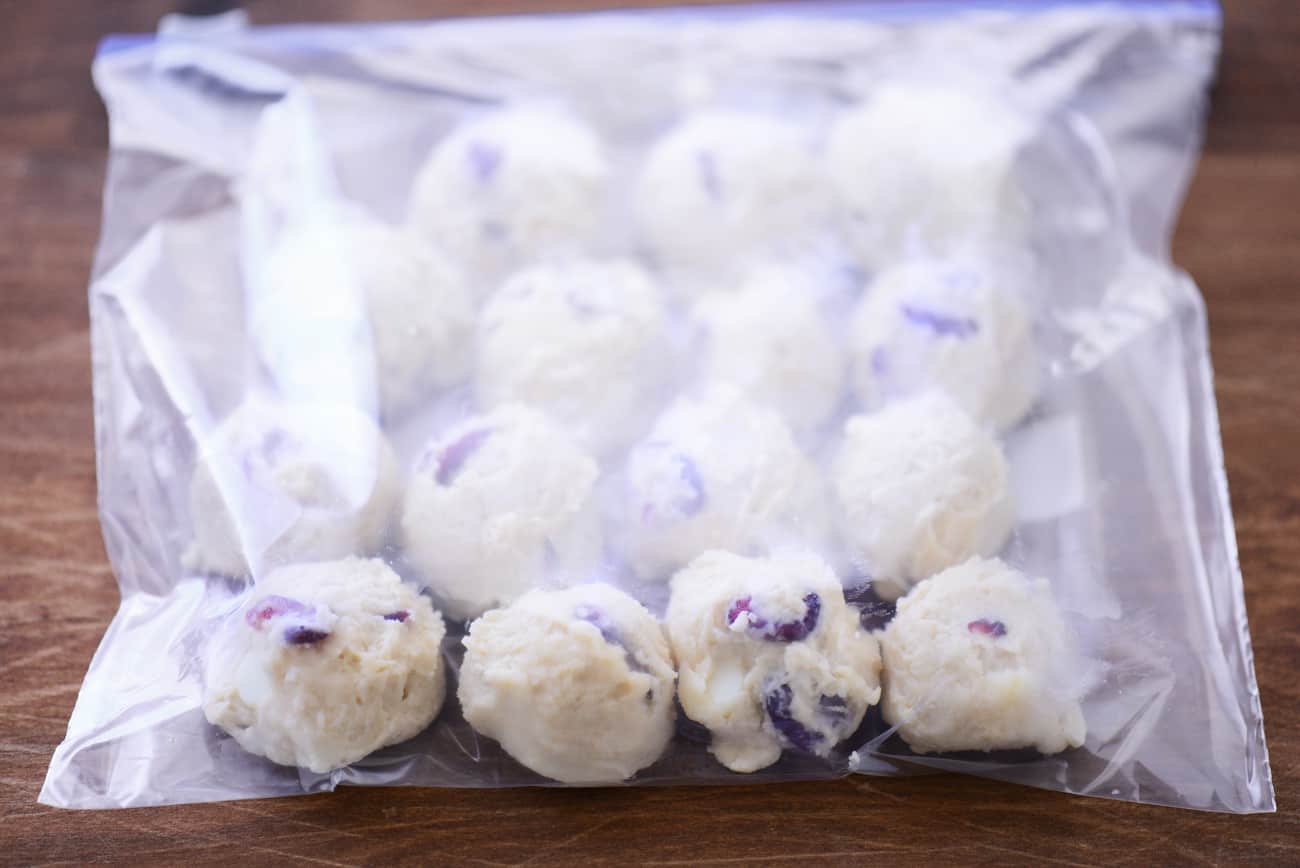cookie dough balls in bag for freezer