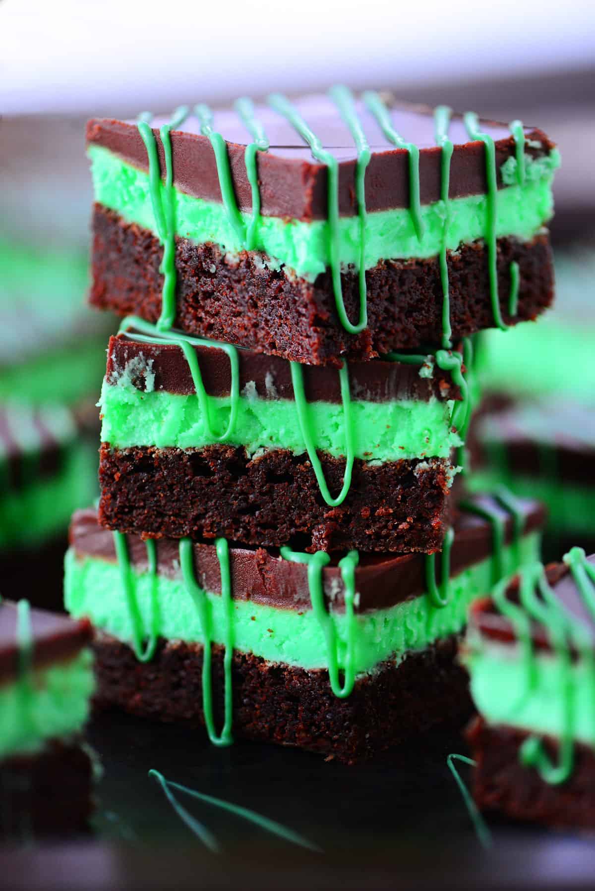 Chocolate mint brownies in a stack.