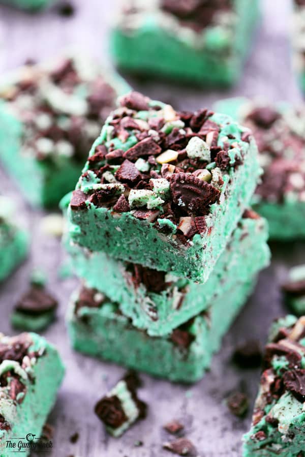 Chocolate Mint Oreo Fudge Pieces In A Stack