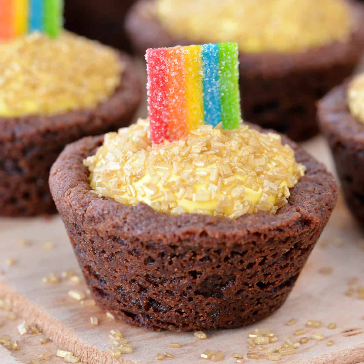 Pot of gold cookie cups with a rainbow.