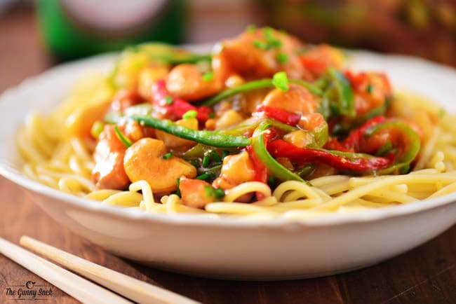 Slow Cooker Cashew Chicken on noodles