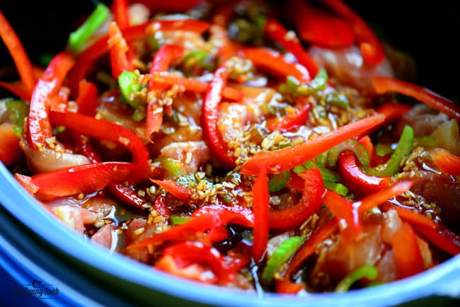 Spicy Cashew Chicken ingredients in slow cooker