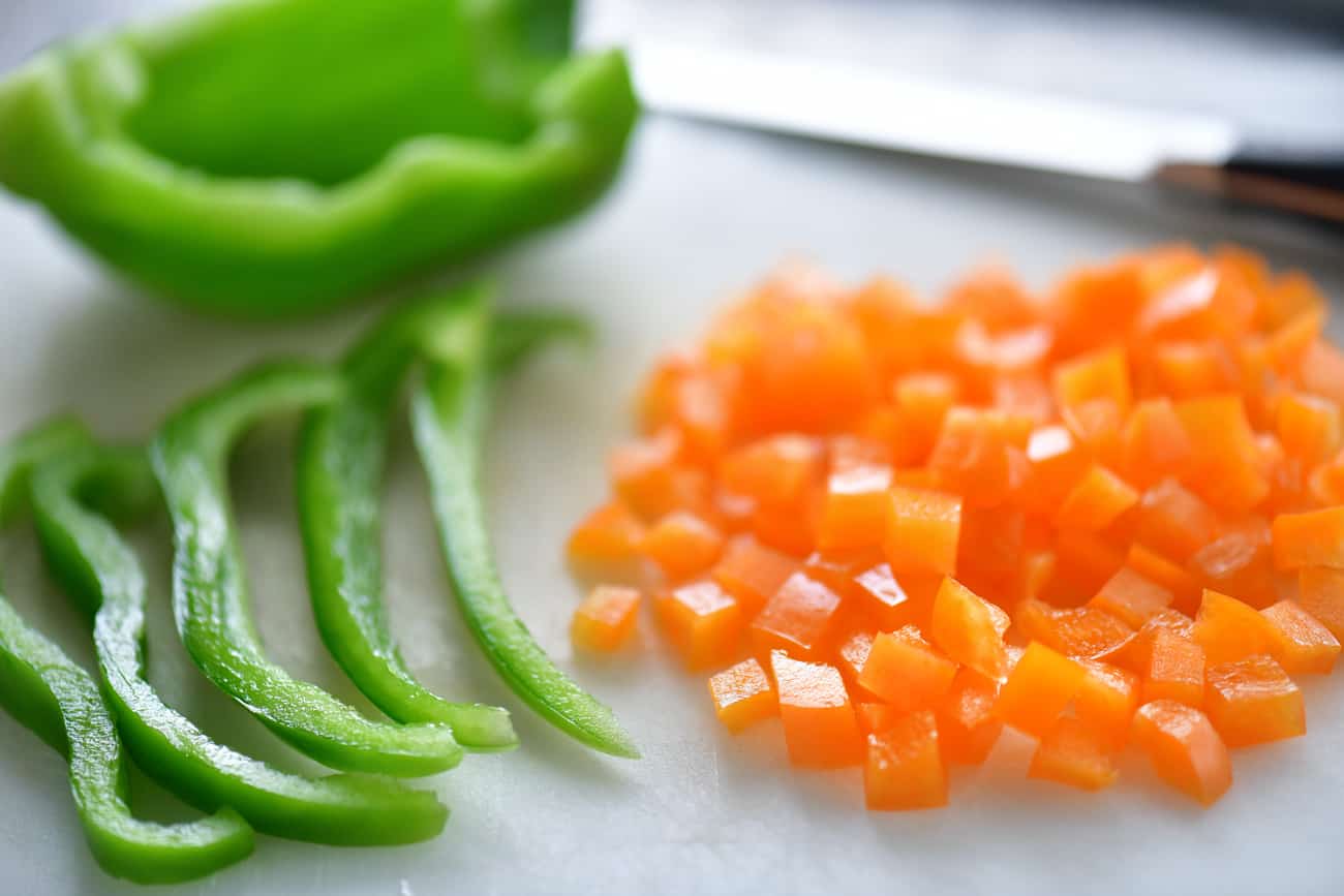 Slice and dice bell peppers.