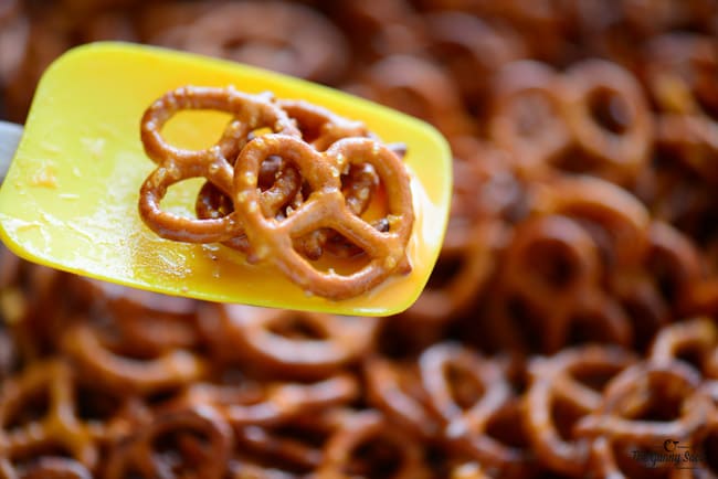 seasoned pretzel twists on a yellow silicone spatula