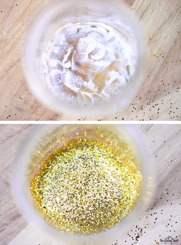 gold glitter in the bottom of a mason jar