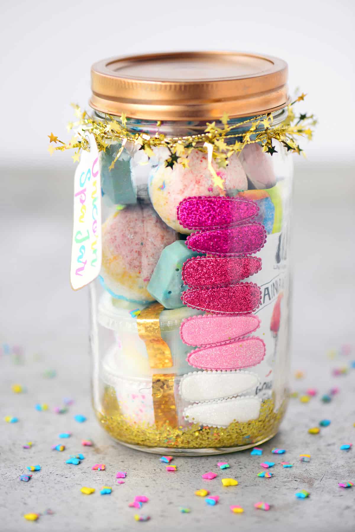 Add sparkling hair clips along the side of the jar.