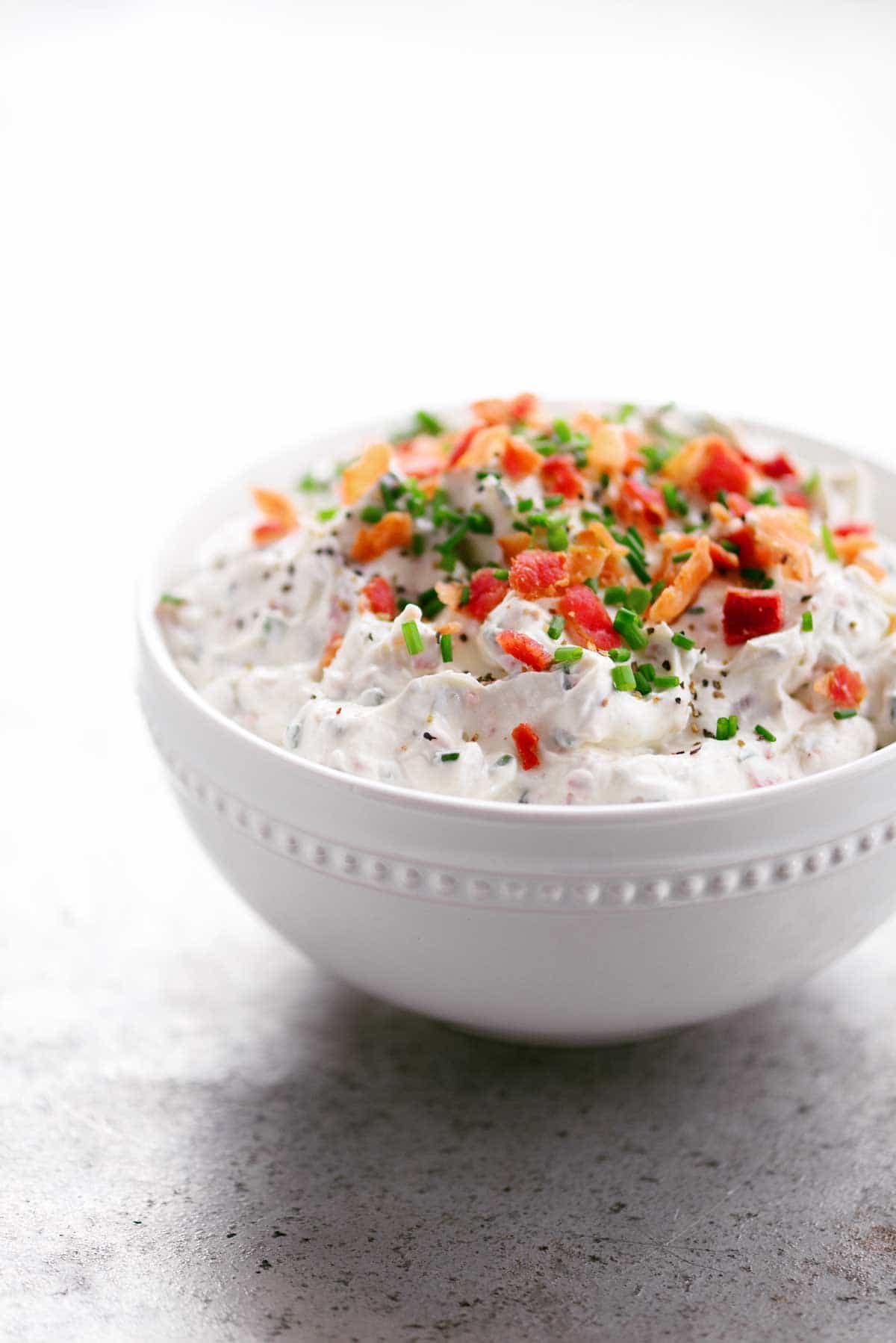 White Bowl Filled with Loaded Baked Potato Dip