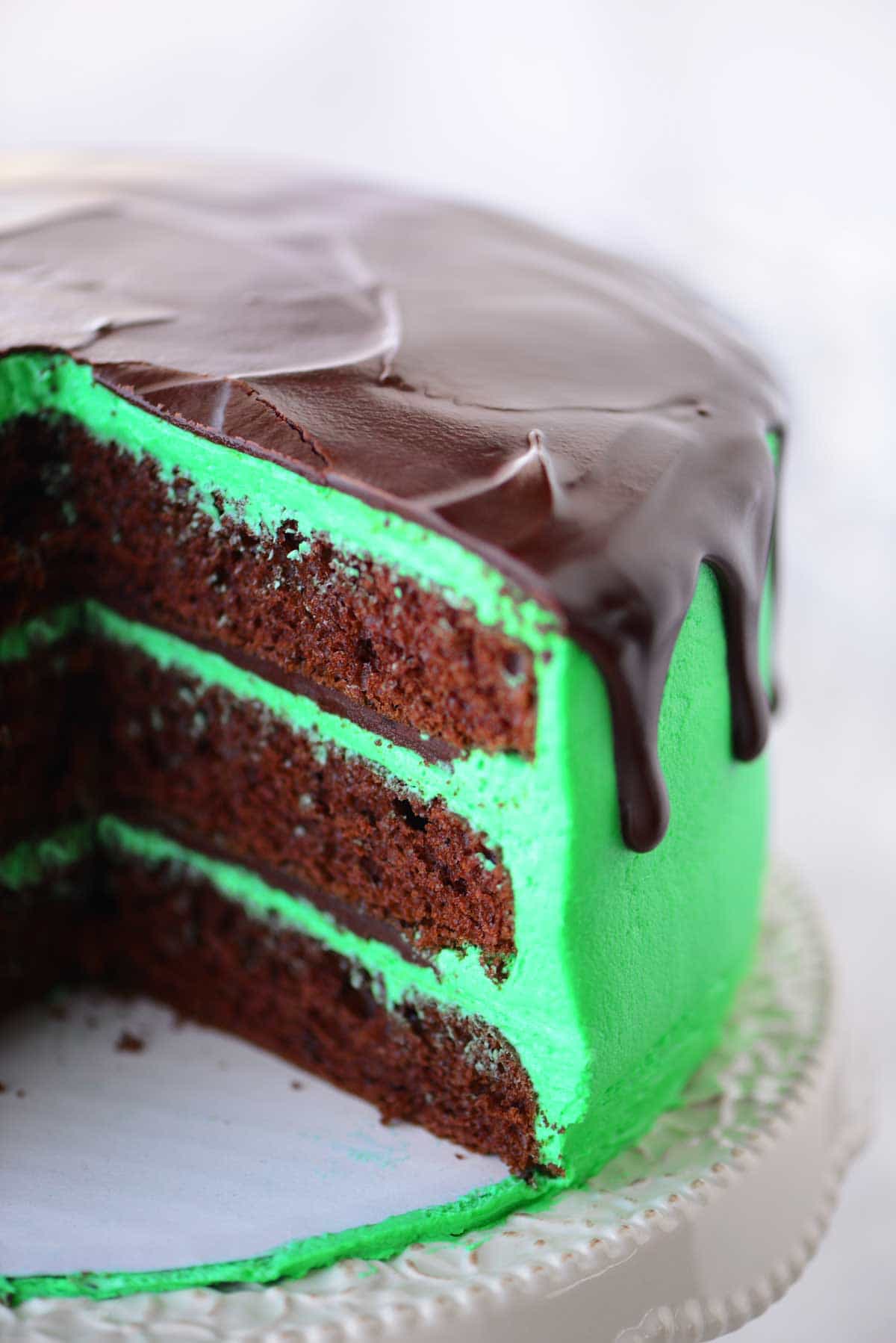 Chocolate Mint Layer Cake With A Slice Removed
