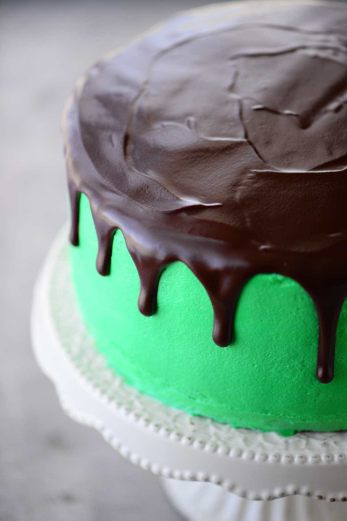 chocolate ganache on a chocolate mint layer cake