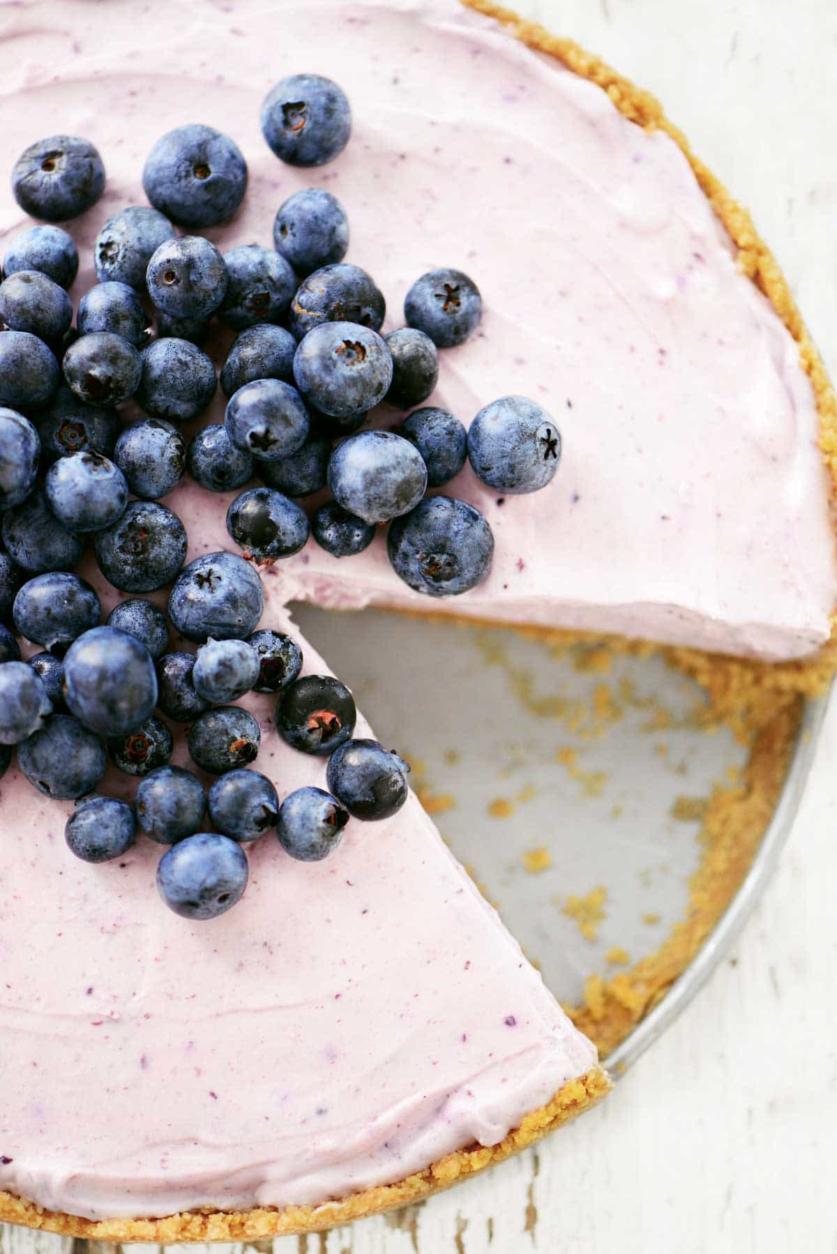 No Bake Blueberry Cheesecake with slice removed