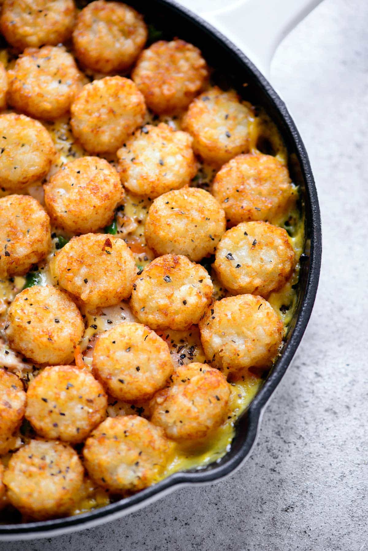 tater tot chick pot pie in a skillet