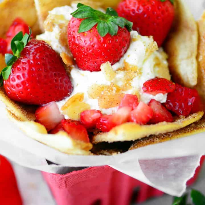 Strawberry Nachos with Cinnamon Chips and Cream
