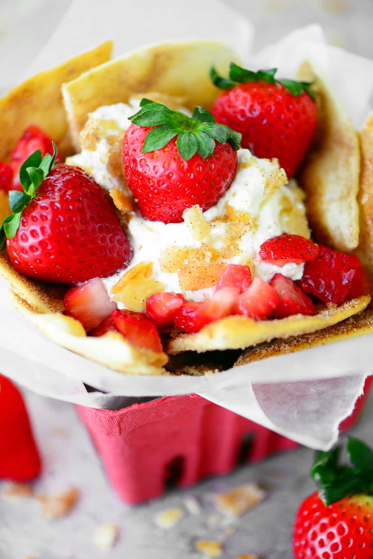 Strawberry Nachos with Cinnamon Chips and Cream