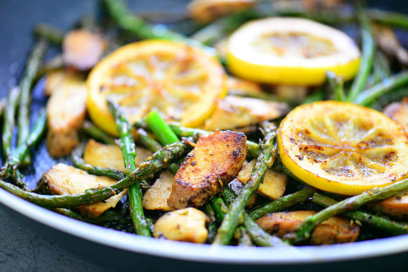 Lemon Chicken with Asparagus in skillet