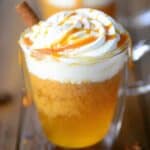 Slow cooker apple cider in a cup with whipped cream on top.
