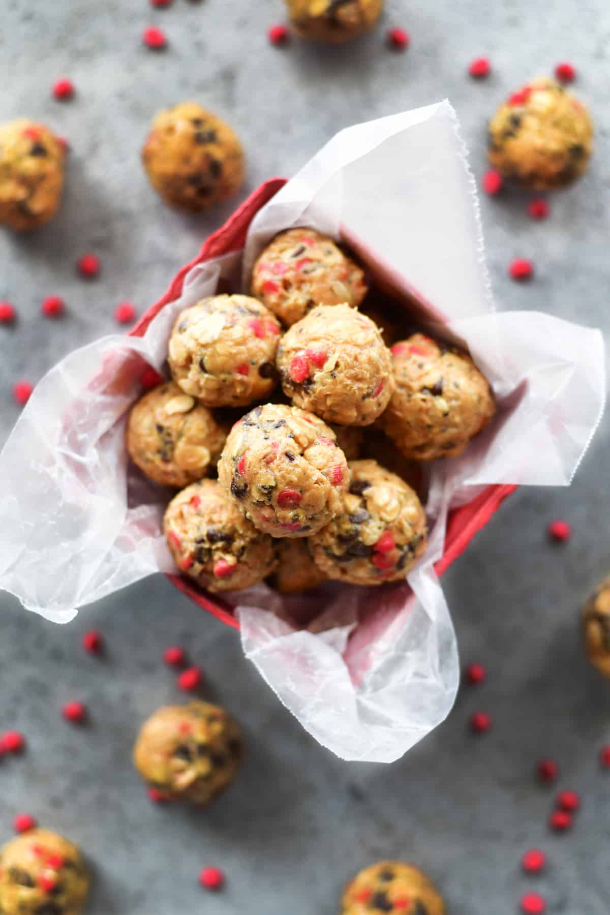 chocolate cherry energy balls in red berry basket
