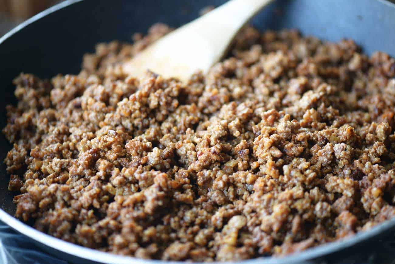 ground beef in pan for slow cooker taco soup