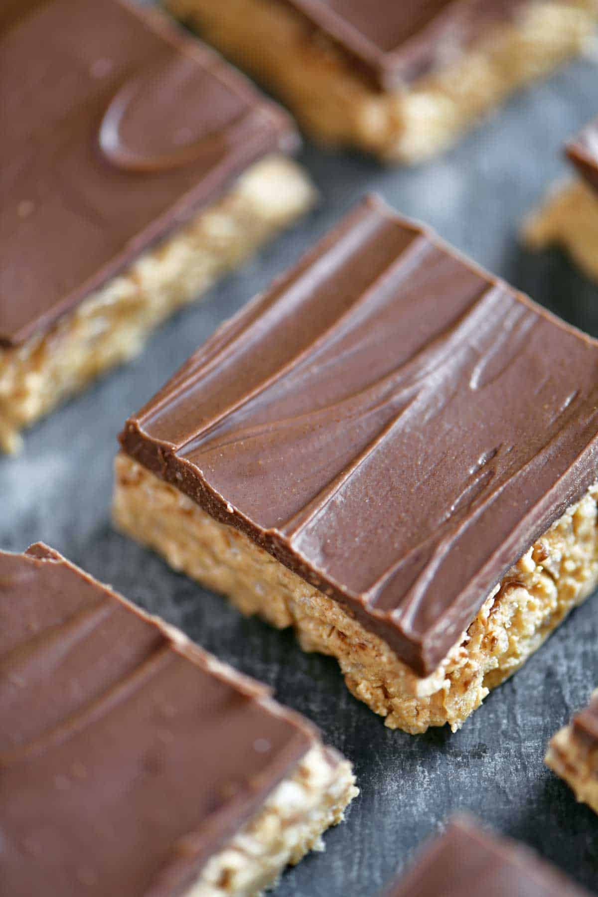 no bake peanut butter bars covered with chocolate