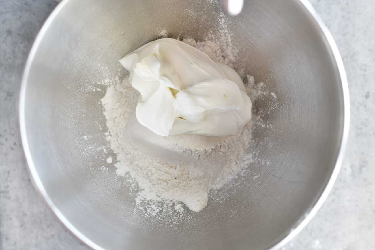 self rising flour and greek yogurt two ingredient pizza dough in mixer